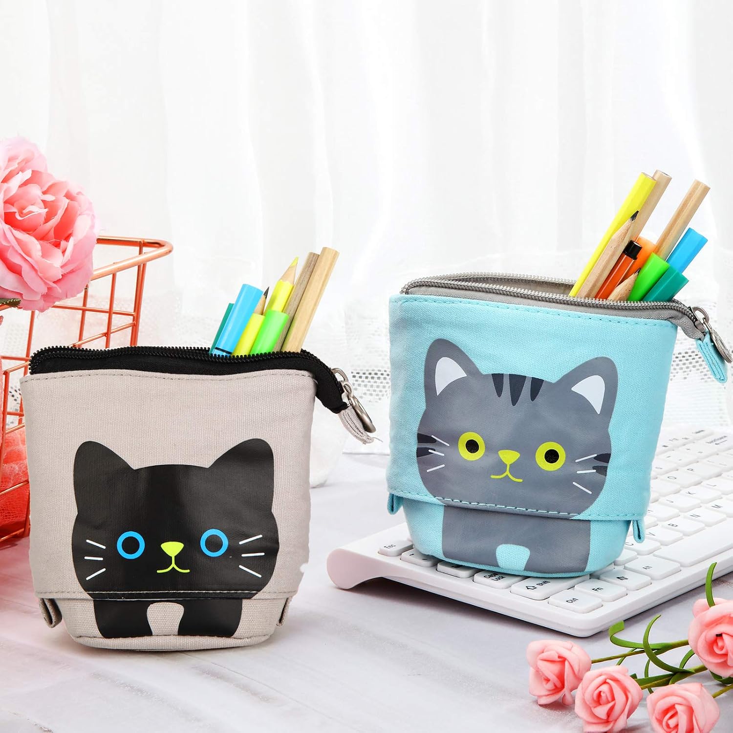 Zonon 4 Pieces Standing Pencil Case Cat Print Telescopic Pencil Case Stand up Pen Holder Canvas PU Cartoon Portable Makeup Bag for School Office Cosmetics Gift Supply(Cat Print) - Image 5