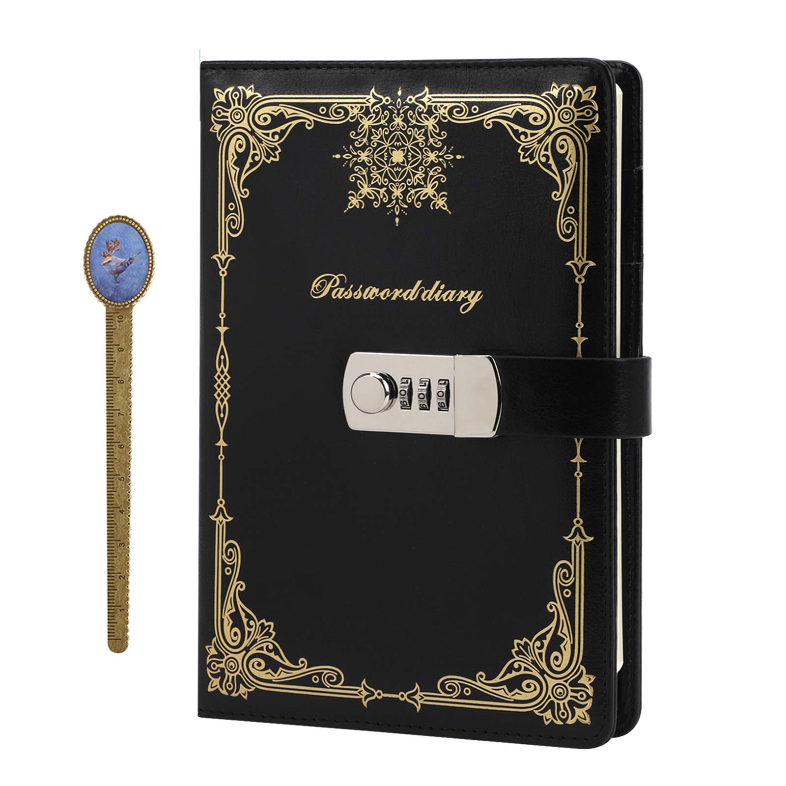 IPENNY A5 Vintage Leather Journal with Combination Lock Digital Password Journal with Bookmark Pen Loop Retro Privacy Notebook Writing Travel Diary Locking Journal, 100 Sheets (Style 5-Black)