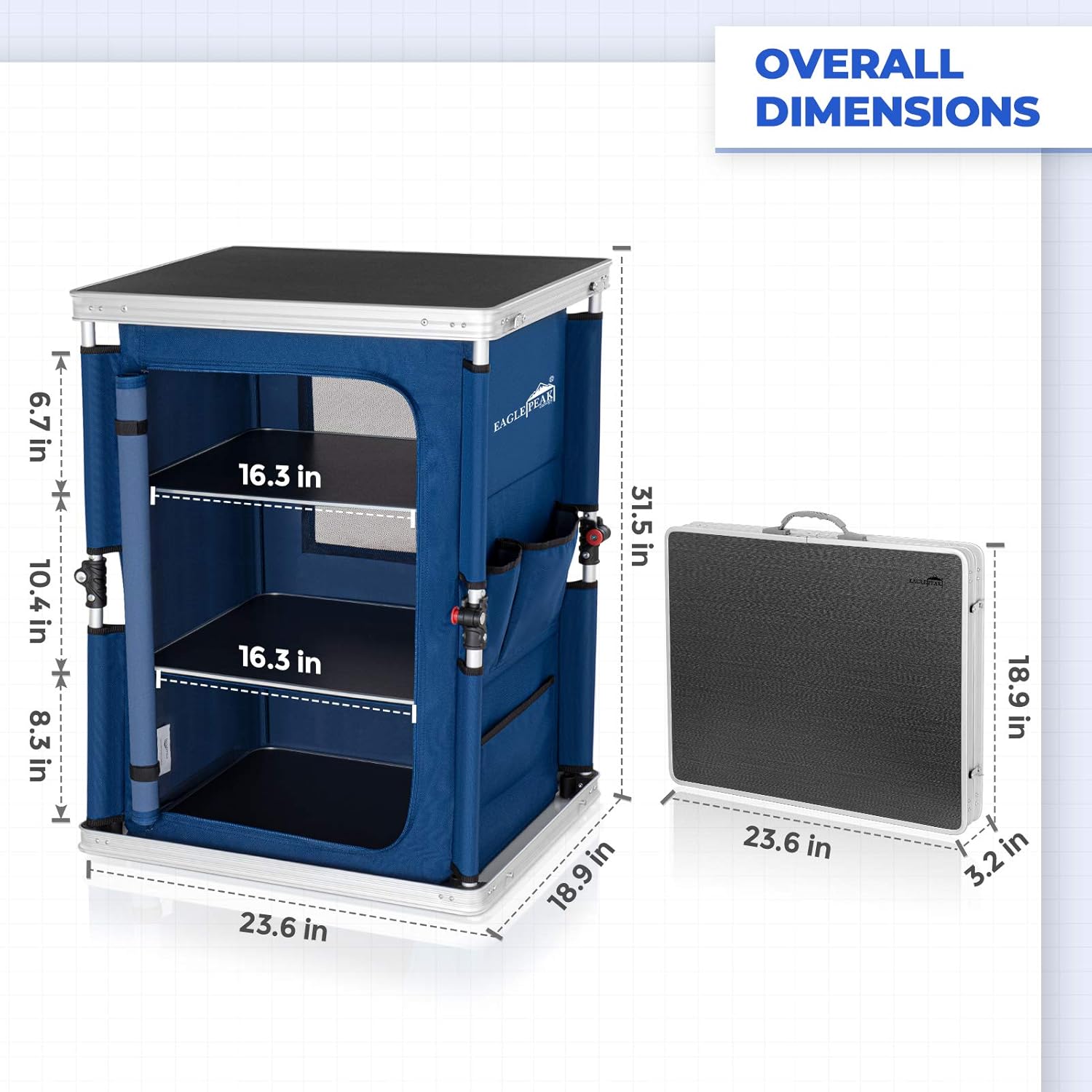 Eagle Peak Outdoor Camping Pop Up Folding Table with Large 3-Tier Storage Organizer and Side Pockets, Easy Set Up Portable Lightweight Aluminum Camping Kitchen, Blue: Kitchen & Dining