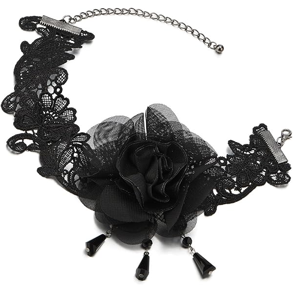 Gothic Victorian Black Lace Choker Necklace With Bow & Chain Bead Charm - Adjustable Lobster Claw Clasp - View #2