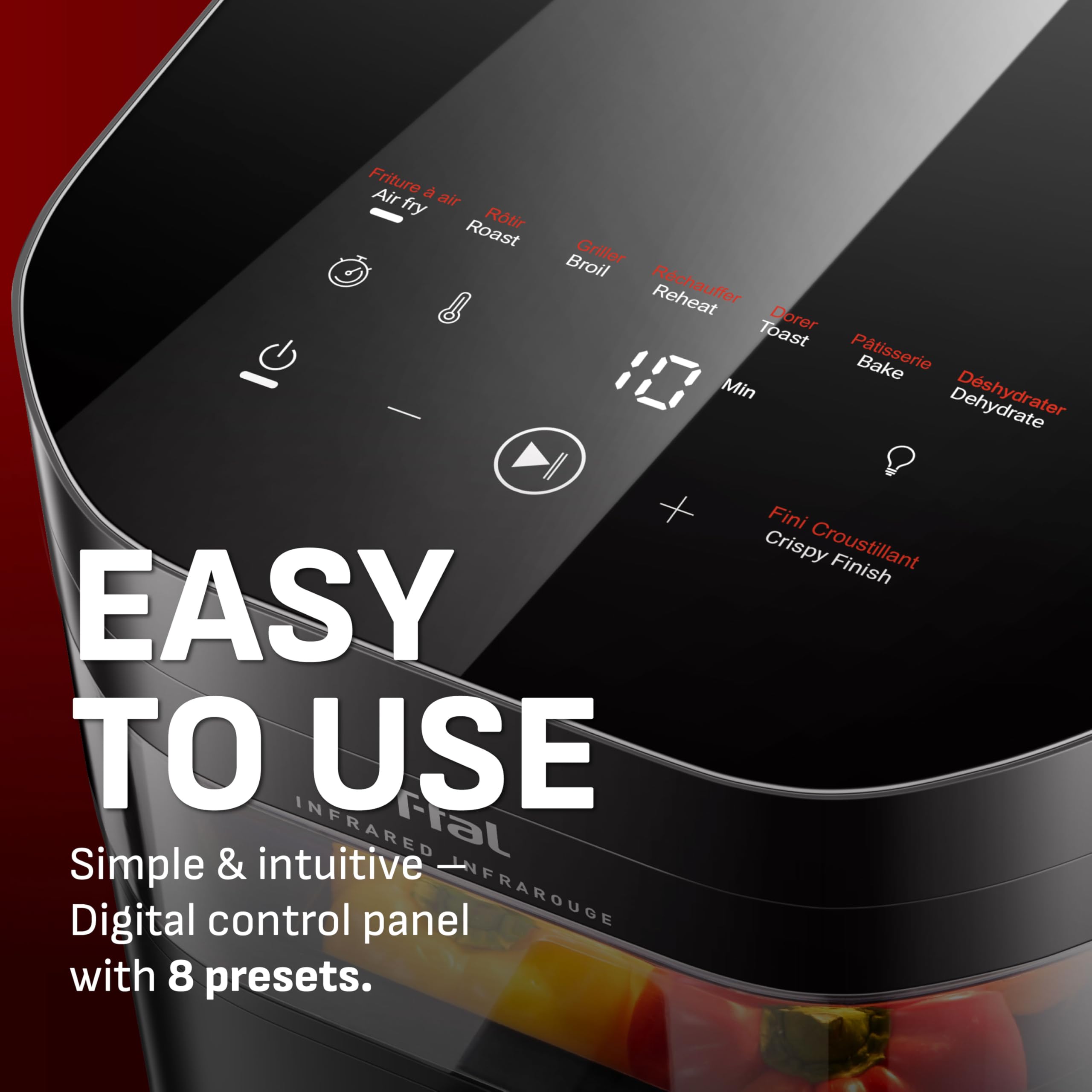 T-fal Freidora de aire por infrarrojos, 2 veces más rápida que el calentamiento tradicional*, Combo de deshidratador de freidora de aire grande, 8 funciones de cocción, ventana con luz, tecnología sin vibración, Apta para lavavajillas, 1800 W, negra