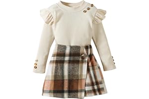 Fernvia Toddler Girl Fall Winter Clothes Ruffles Long Sleeve Shirt and Plaid Shorts Skirt Kids Little Girl 2Pcs Outfits Set