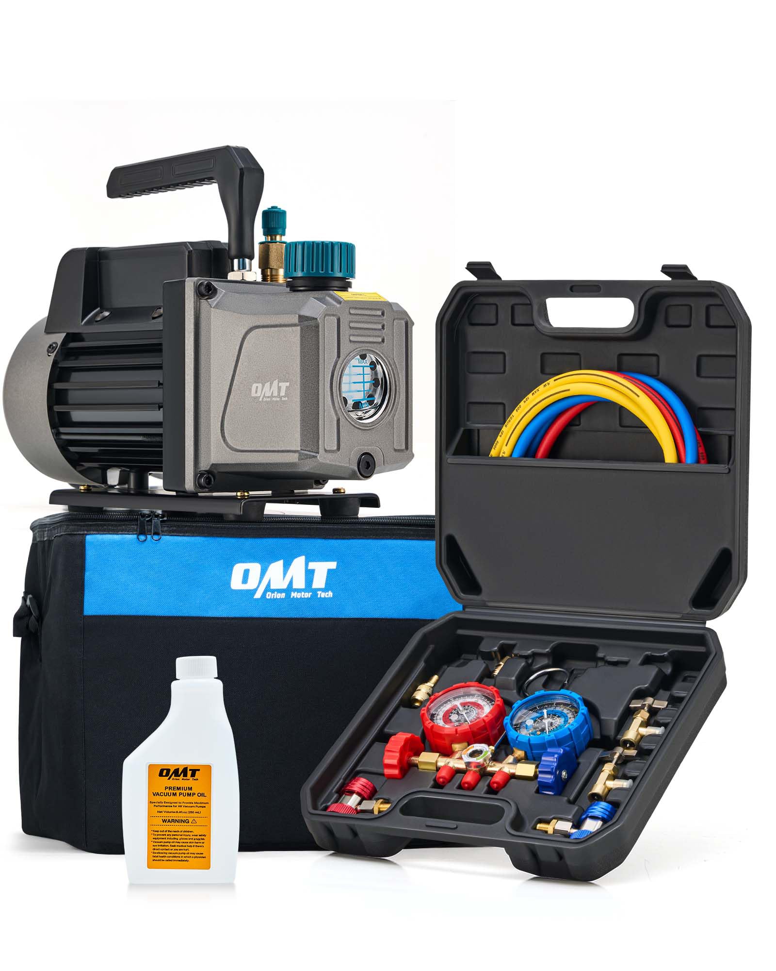 Photo 1 of Orion Motor Tech AC Vacuum Pump and Gauge Set, 1/4 hp 3.5 cfm Vacuum Pump Manifold Gauge Kit with 3 Hoses Adapters & Accessories for R134a R12 R22 R502, A/C Vacuum Pump Kit for Auto HVAC Systems