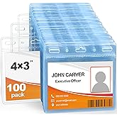 100 Pcs Card Protector ID Name Badge Holder 4 x 3 Inches Clear Plastic Horizontal No Zipper ID Card Holder