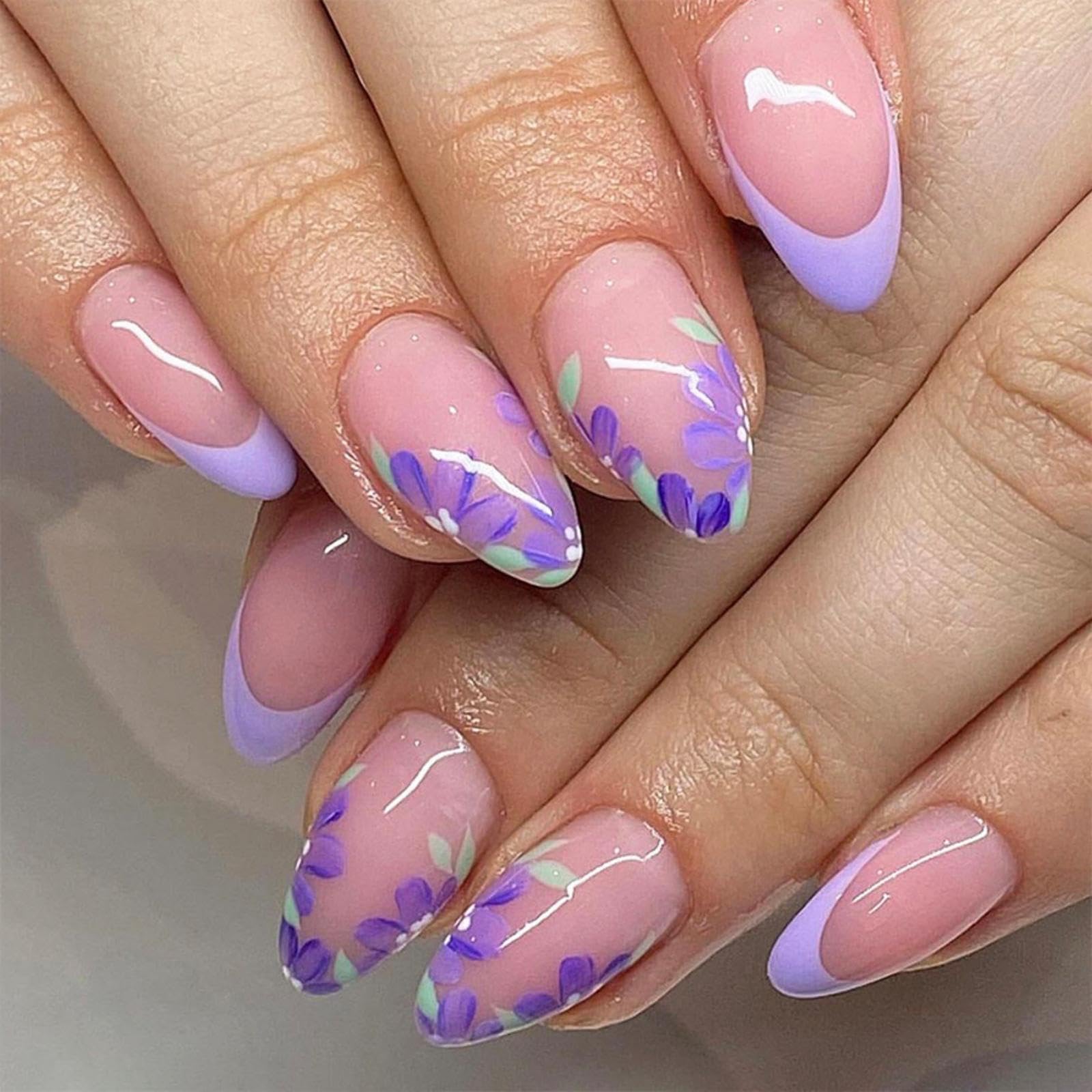 Purple French tips Press on Nails Medium Almond Fake Nails with Design Lilac Flower Glue on Nails Glossy Spring Nails Reusable Summer False Nails for Women Girls Manicure 24pcs