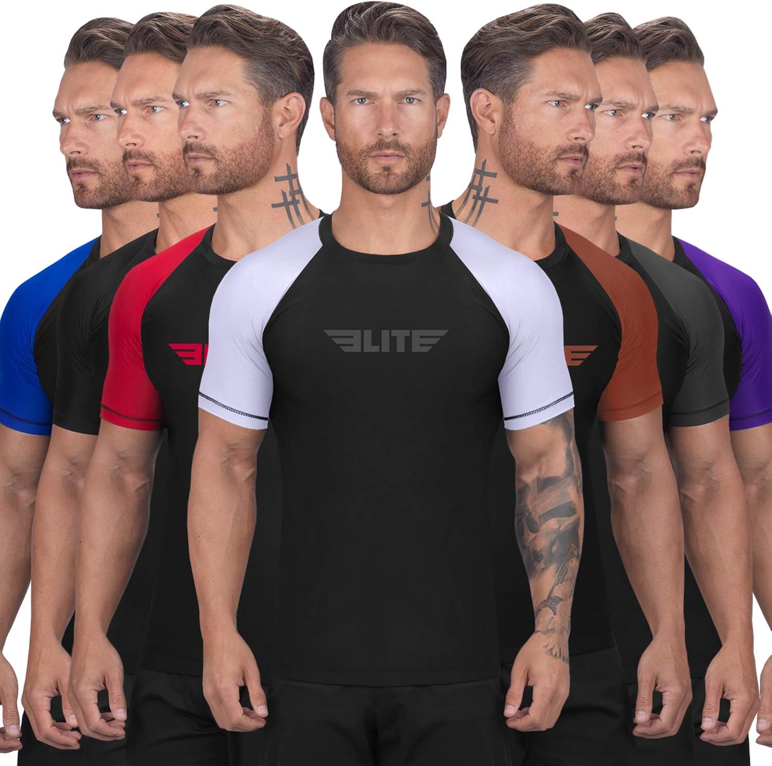 Elite Sports BJJ Jiu Jitsu Rash Guards, Men’s BJJ, No GI, MMA Ranked Short Sleeve Compression Base Layer Rash Guard : Clothing