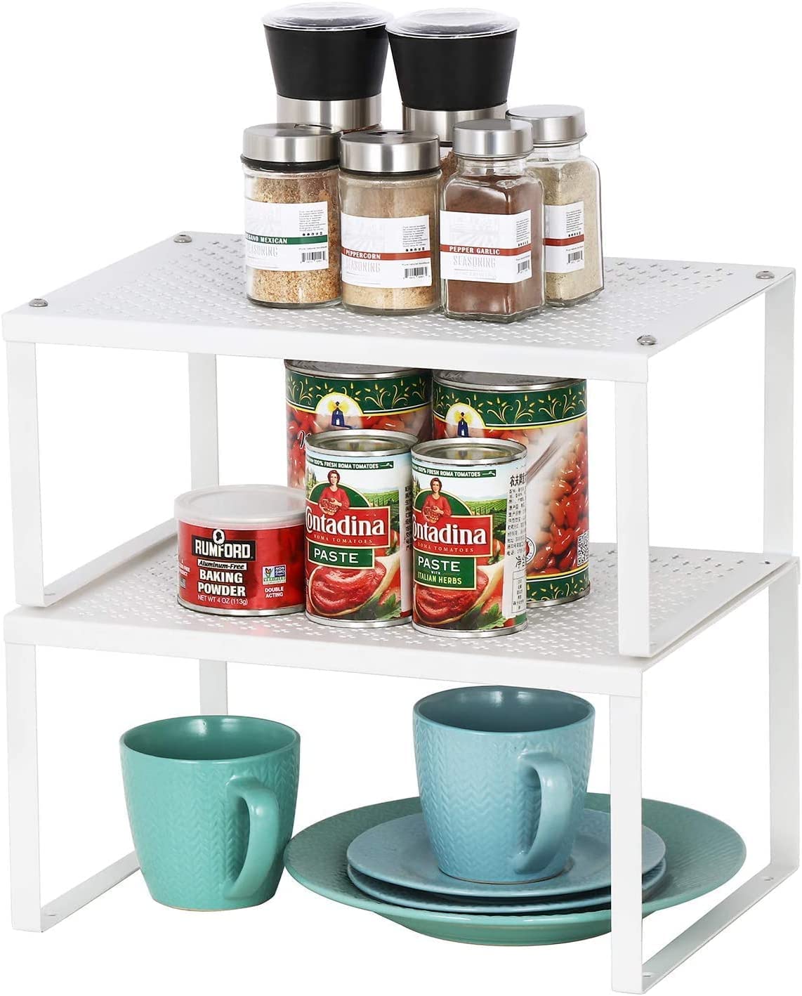 LIANTRAL 2-Pack Stackable Kitchen Cabinet Organizer Shelf - Adjustable & Expandable Cupboard Shelf Organiser for Spices, Cans | Space Saving Shelves for Kitchen Pantry, Cupboard, Cabinet | White