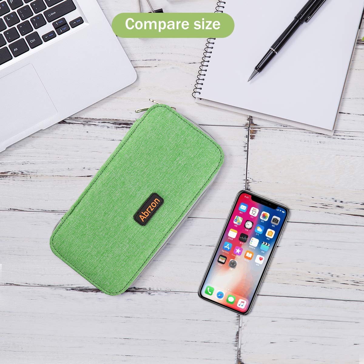 Pen Case,Big Capacity Abrzon Pencil Case Bag with Double Zippers,Middle High School & Office Supplies Adult Large Storage 8.74x4.3x2.17 inches (Green)