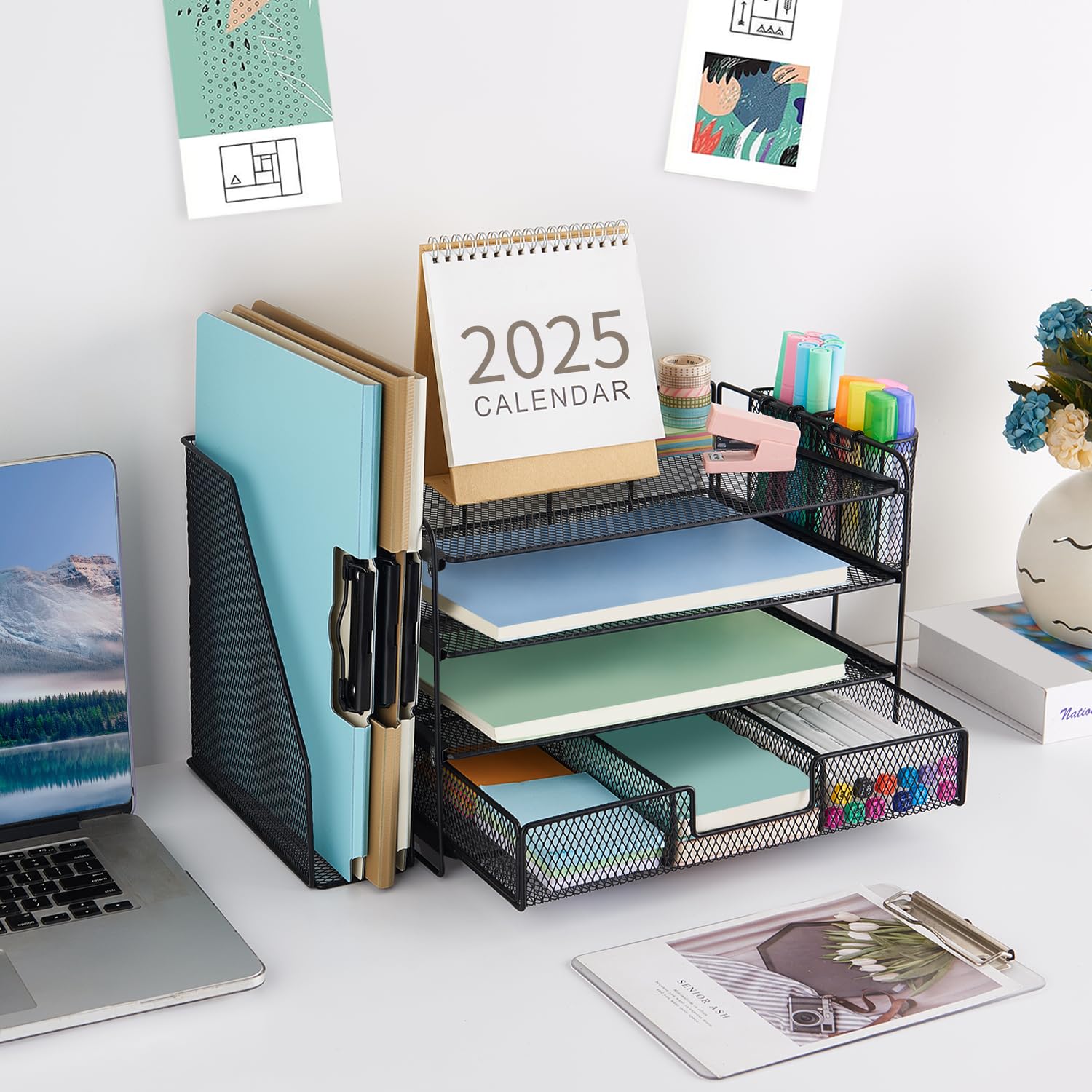 gianotter Desk Organizers and Accessories with File Holder, 4-Tier Desk Accessories & Workspace Organizers with Drawer and 2 Pen Holder, Paper Organizer for Office Supplies (Black)