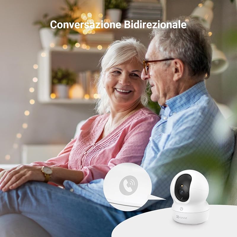 Telecamera Wi-Fi Interno 2K, Videocamera Sorveglianza 3MP per animali e bambini, Motorizzata a 360°, Audio a due vie, Funziona Alexa, Avvisi movimento, Visione notturna, Modello CP1