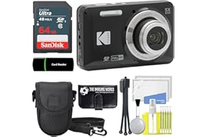 THE IMAGING WORLD Kodak PIXPRO FZ55 Black 16MP Digital Camera 5X Optical Zoom 28mm Wide Angle 1080P Full HD Video 2.7" LCD Camera + 64GB Card and Reader + Case + Memory Wallet + Tripod + Cleaning Bundle