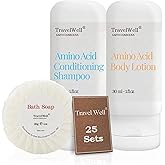 Travelwell Individually Wrapped Shampoo & Conditioner 2 in 1, Body Lotion, and Travel Soap Set | 25 Bottles + 25 Bars | Bulk Hotel Toiletries