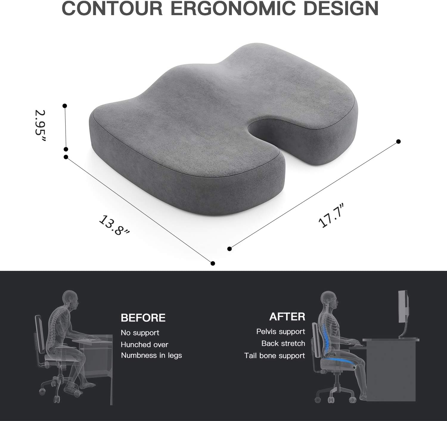 AMERIERGO Seat Cushion, Comfortable Gel-Enhanced Seat Pillow for Office Chair, Car Seat, Non-Slip Desk Chair Cushion with Memory Foam for Sciatica, Coccyx, Tailbone Pain & Back Pain Relief (Grey): Home & Kitchen