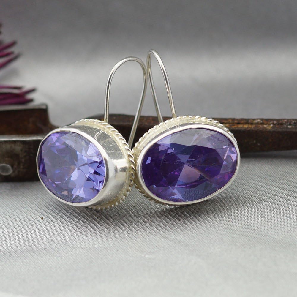 Sterling Silver 925k Handmade Large Amethyst Earrings by Omer
