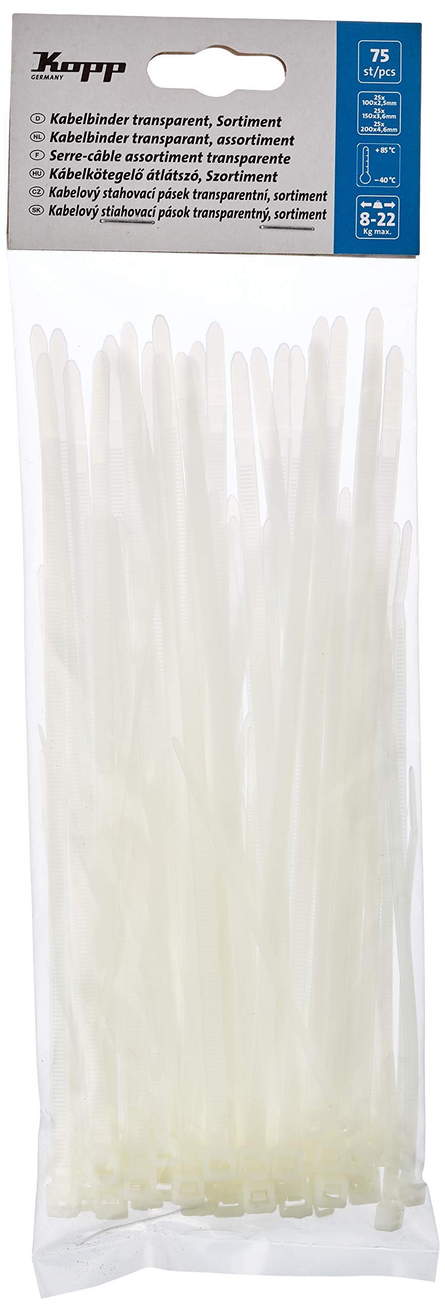 Kopp assorted transparent cable ties, 100 mm, 150 mm and 200 mm, 25 pieces of each, 356800097