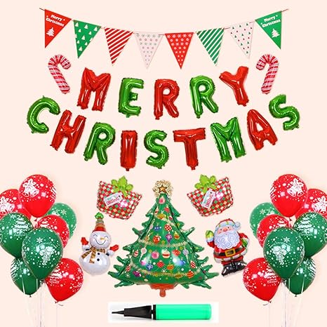 Amazon Braheart 38点セット クリスマス バルーンセット 風船 飾り付け メリークリスマス Merry Christmas セット サンタさん 雪たるまさん パーティー 飾り お祝い 英文字バルーン キラキラ 装飾 空気入れ付き レッド グリーン 風船 バルーン ホビー