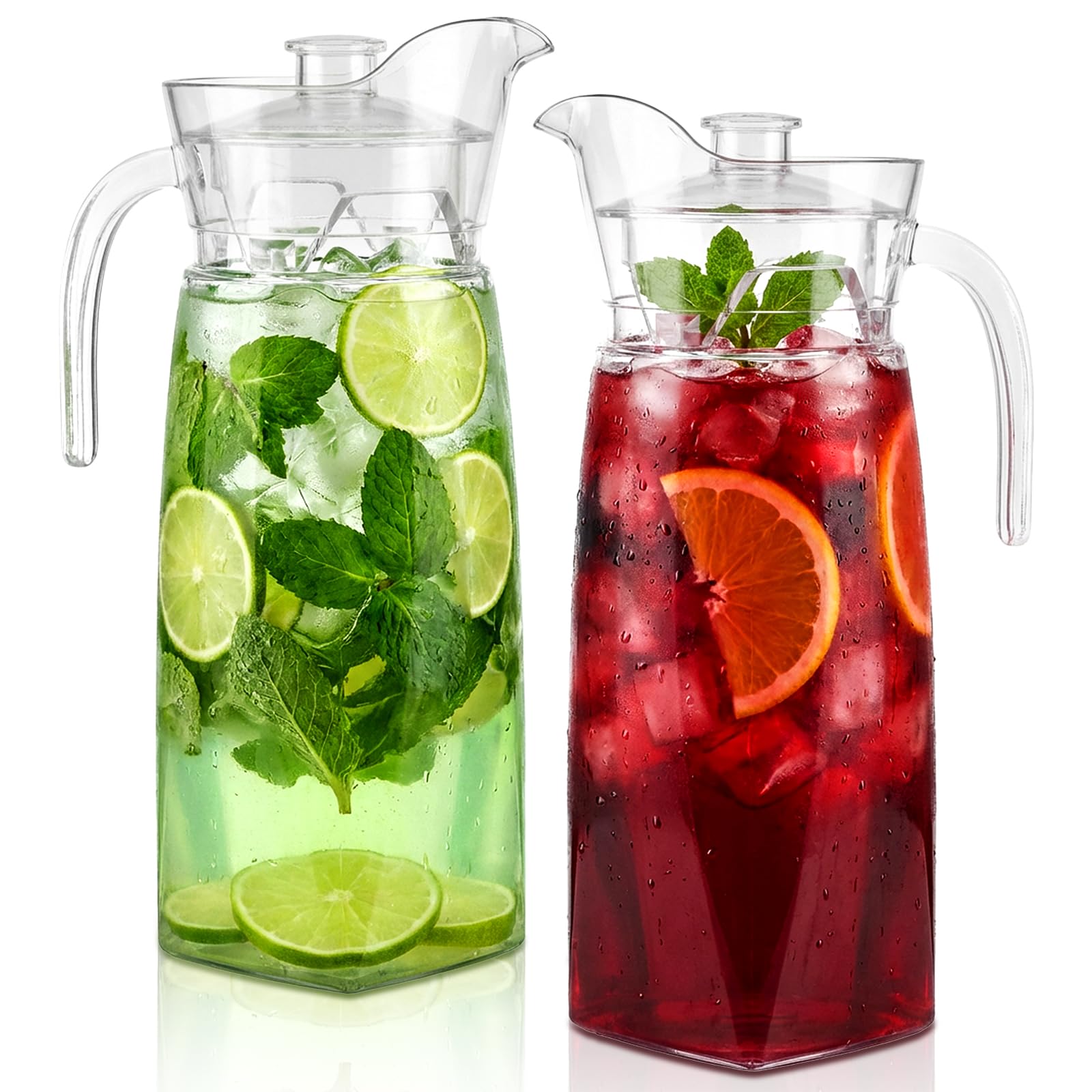 Elsjoy 2 Pack 42 Oz/1.3L Acrylic Pitcher With Lid and Spout, Clear Plastic Unbreakable Beverage Container for Fridge, Drink Pitcher for Iced Tea, Lemonade, Juice, Milk