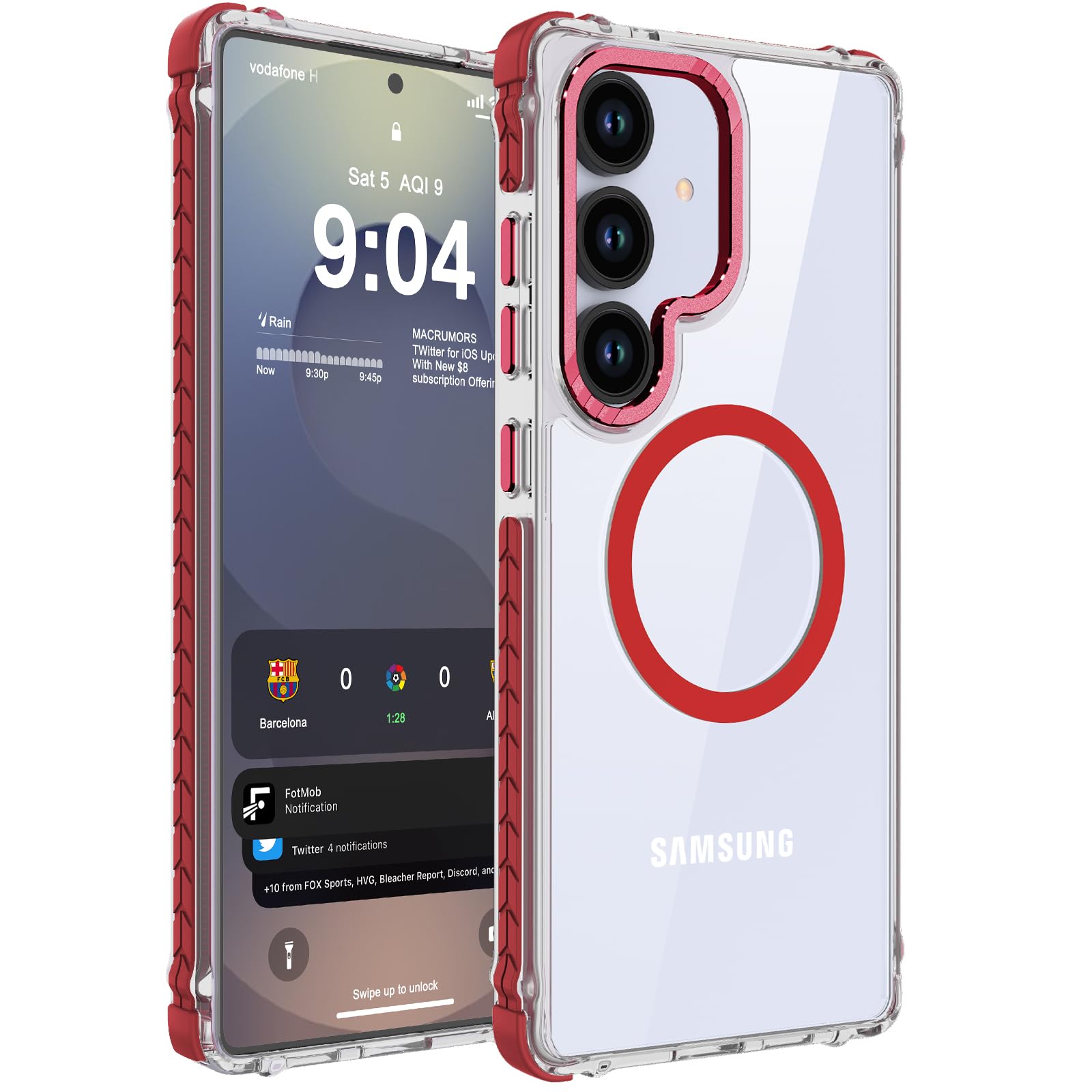 DEERLAMN Strong Magnetic Case for Samsung Galaxy S24 Plus/S25 Plus 6.7-Inch,[Compatible with Magsafe][Military Grade Drop Protection] Clear Slim Shockproof Protective Phone Cover, Transparent+Red