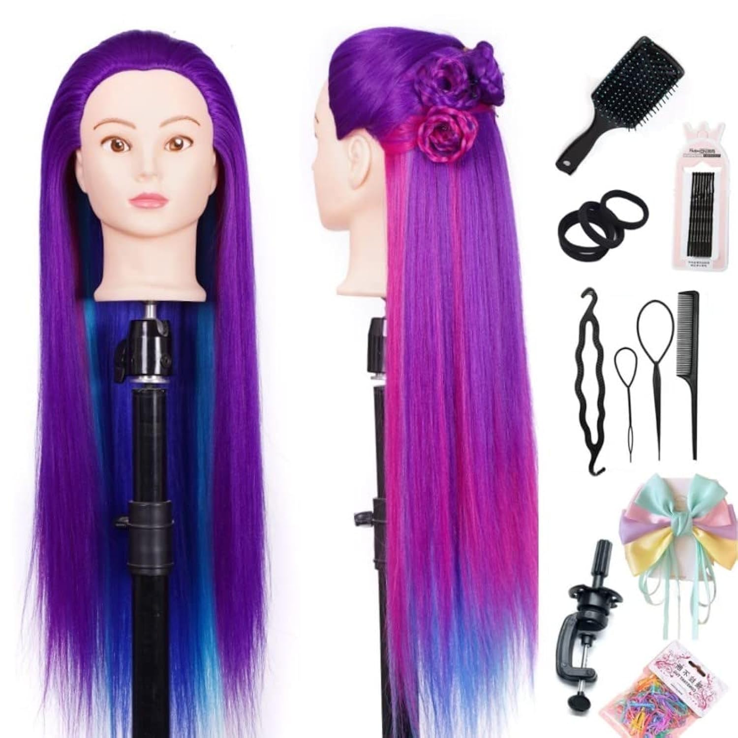 Training Heads Mannequin Head Hair Styling Manikin Cosmetology Doll Head Synthetic Hair Hairdressing Head Exercise Head Free Clamp Exquisite Gifts (Purple Four Colors)