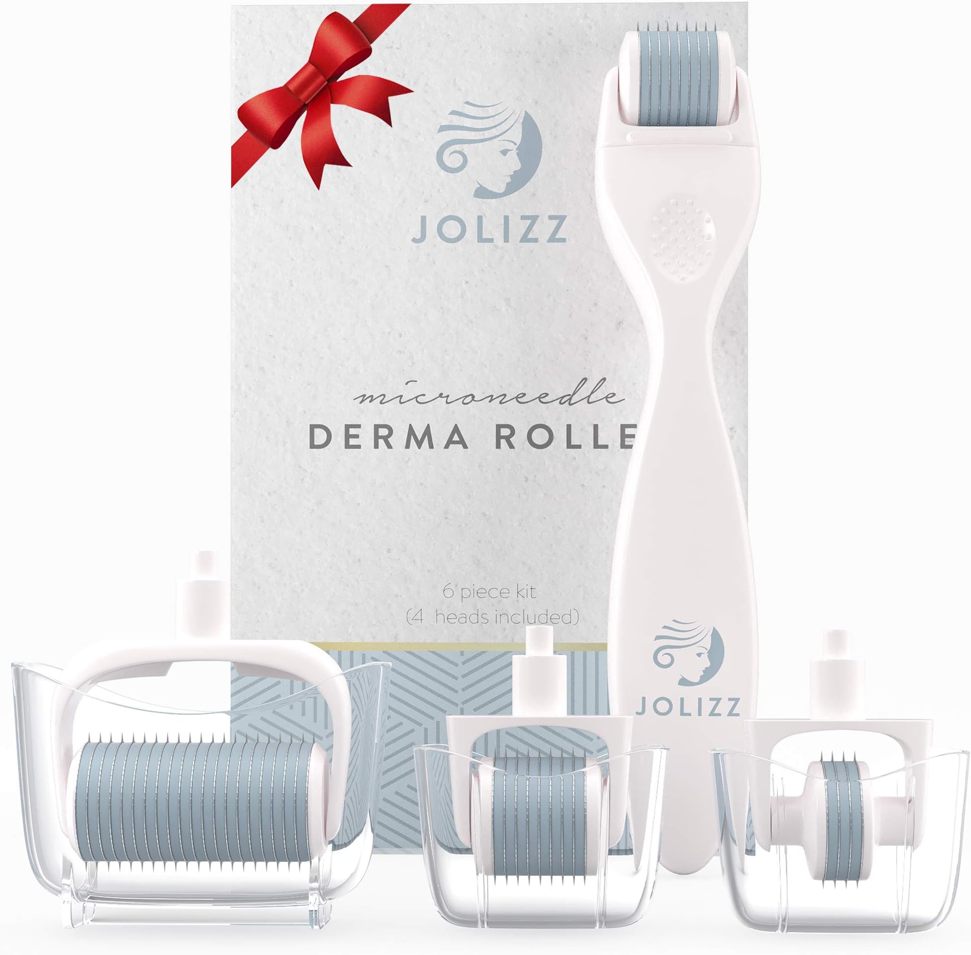 Jolizz Derma Roller Microneedle Skin Care Kit for Face & Body With FOUR Titanium Replaceable 0.25mm Microneedling Heads :1 Small 240 Needles, 2 Medium 600 Needles & 1 Large 1200 Needles & Storage Case