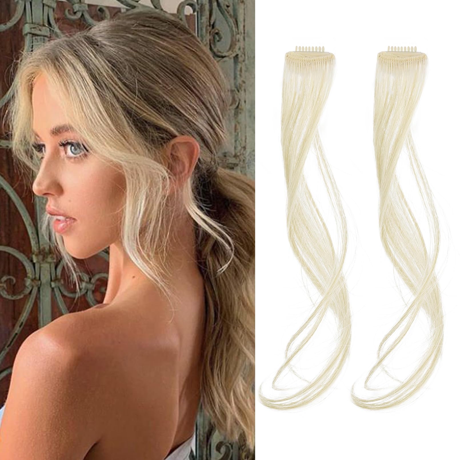 REECHO Long Side Air Bangs, Wavy Curly Clip in Curtain Bangs Front Side Bangs Face-Framing Highlights for Women Daily Use 2 PCS Set Long Temples