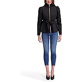 kensie womens Outerwear Short Quilted Puffer Jacket With Puff Sleeves & Tie Belt