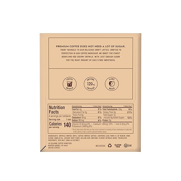 LA COLOMBE VANILLA DRAFT LATTE WITH OATMILK – 9 FL. OZ. 4 PACK – 100% ARABICA BRAZILIAN COLD BREW COFFEE WITH NITROUS-INFUSED OATMILK, DAIRY-FREE VEGAN LATTE, 120MG NATURAL CAFFEINE