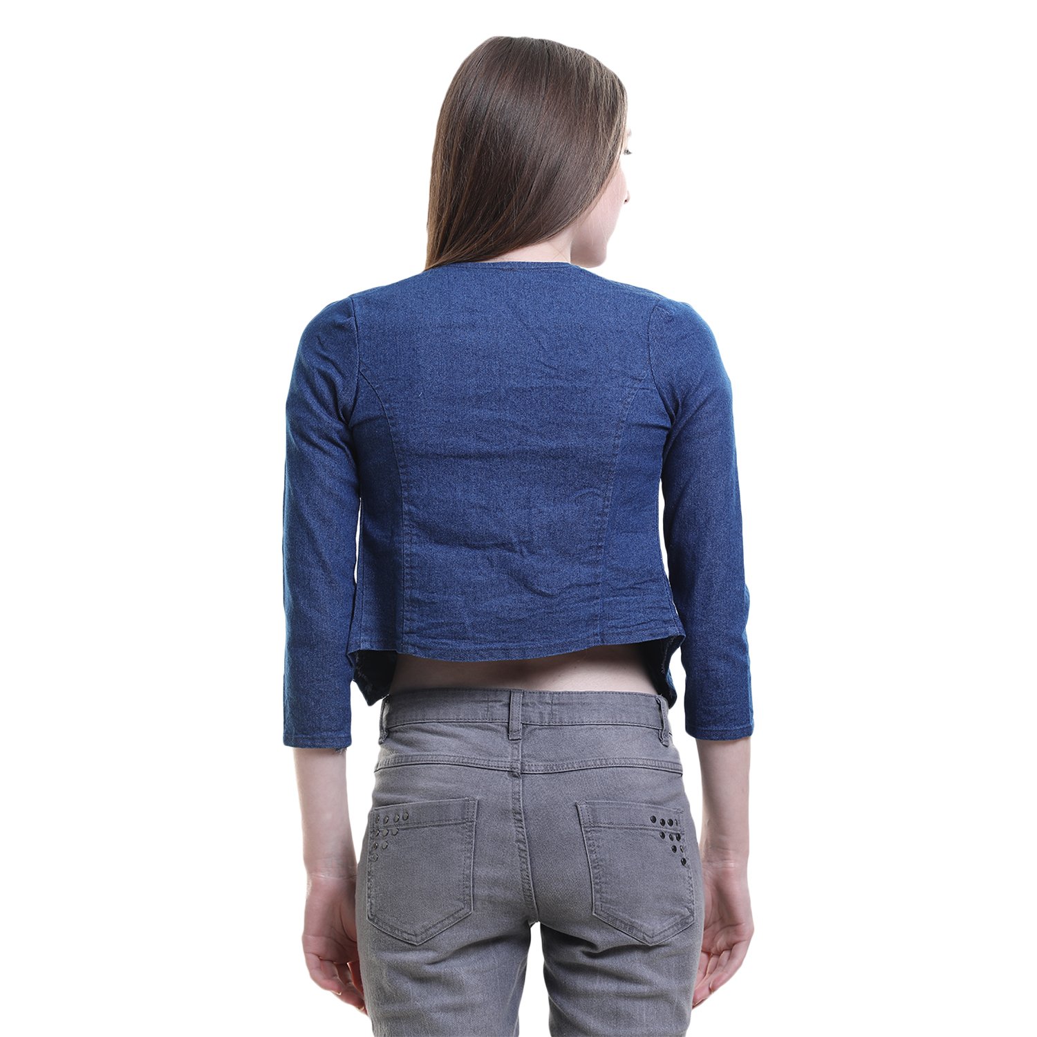 buynewtrend denim blue shrug/jacket for women