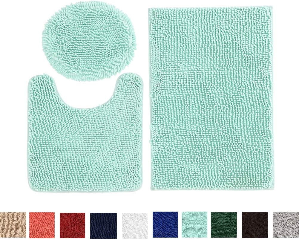 3 Pieces Combo Bath Mat - Absorbent Soft Chenille Non-Slip Bathroom Rugs Carpet for Standard Toilet Bathtub Mat Sets Green Shower Rug