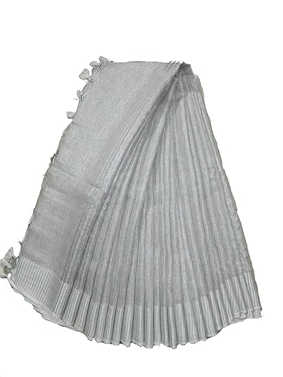 Womens Tissue Linen Saree with Contrast Blouse (Silver)