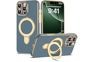 ETPESOK Compatible with iPhone 16 Pro Max Case with Magnetic Ring Stand [Compatible with Mag-Safe] [Full Camera Lens Protector] Soft Plating Phone Case for iPhone 16 Pro Max 6.9", Grey Blue
