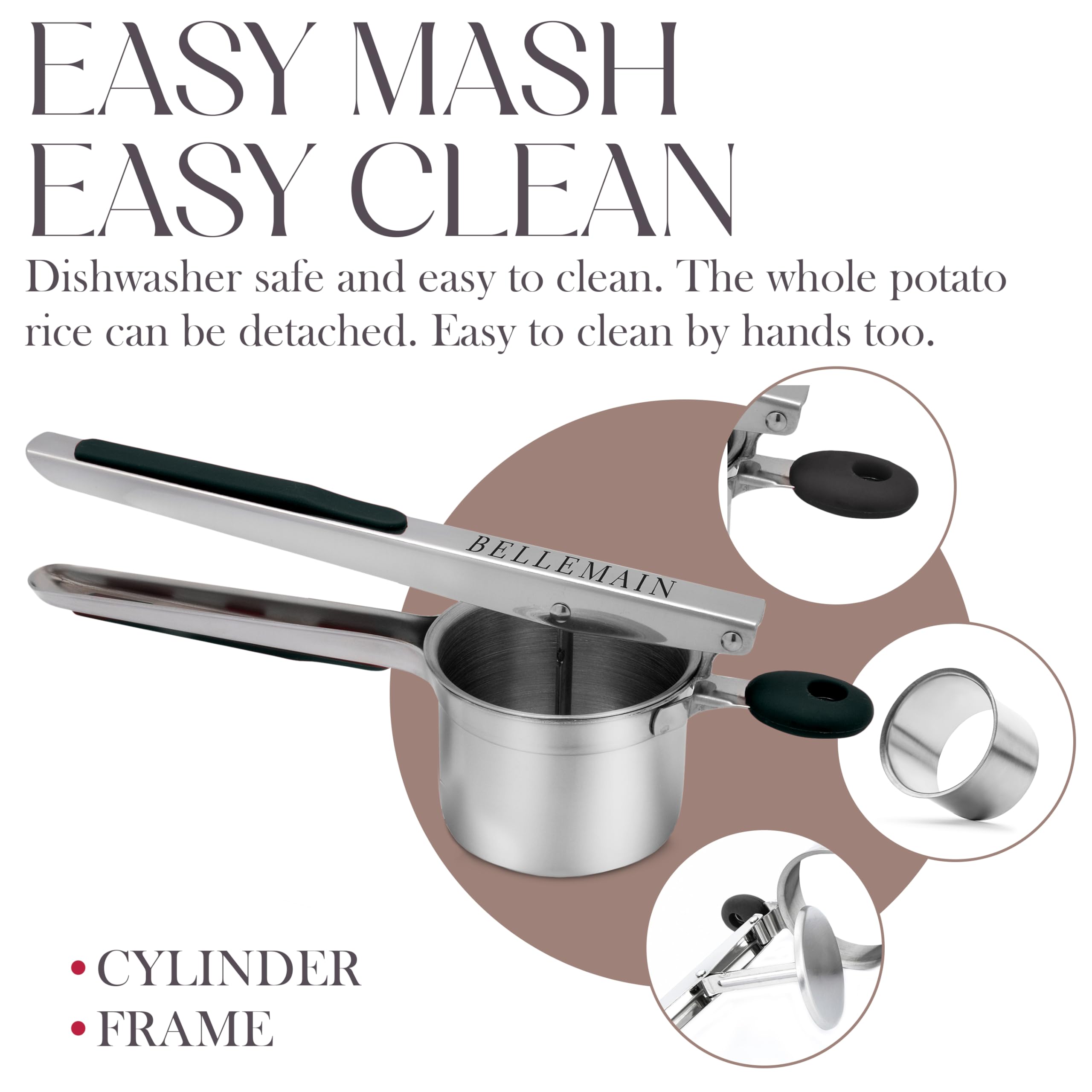 Bellemain 15oz Large Potato Ricer for Mashed Potatoes, Stainless Steel Mashed Potato Masher & Squeezer, Easy-To-Clean Professional-Grade Hand Vegetable Ricer, Kitchen Tool, Food Press & Food Mill