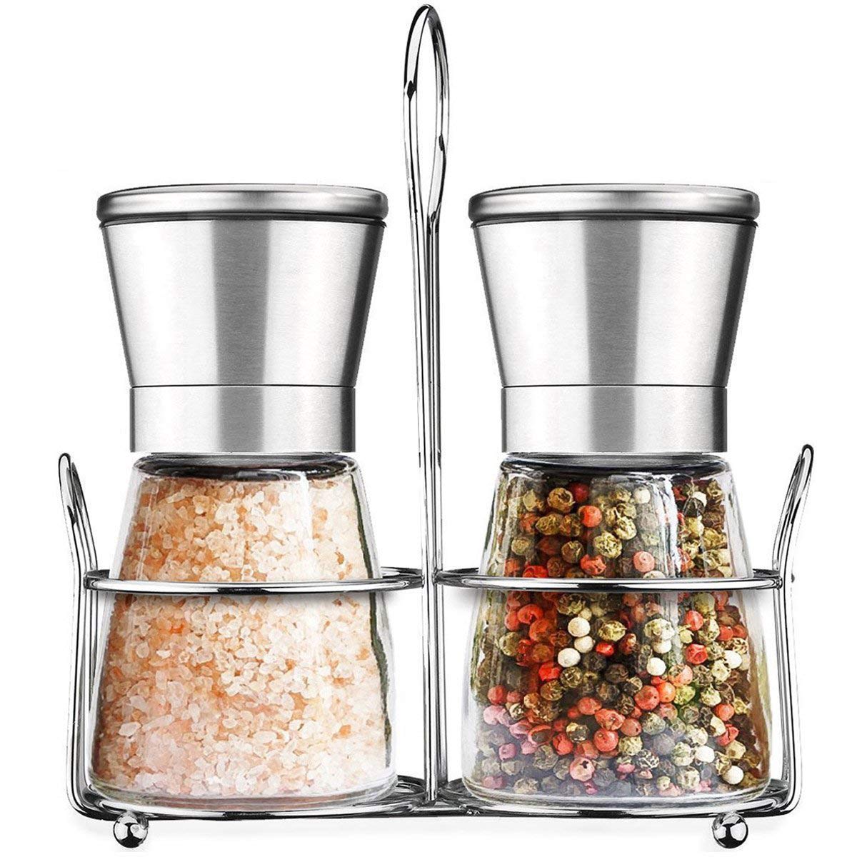 Salt and Pepper Grinder Set with Matching Stand, Amison Stainless Steel Adjustable Coarseness Salt and Pepper Mills Set of 2- Silver