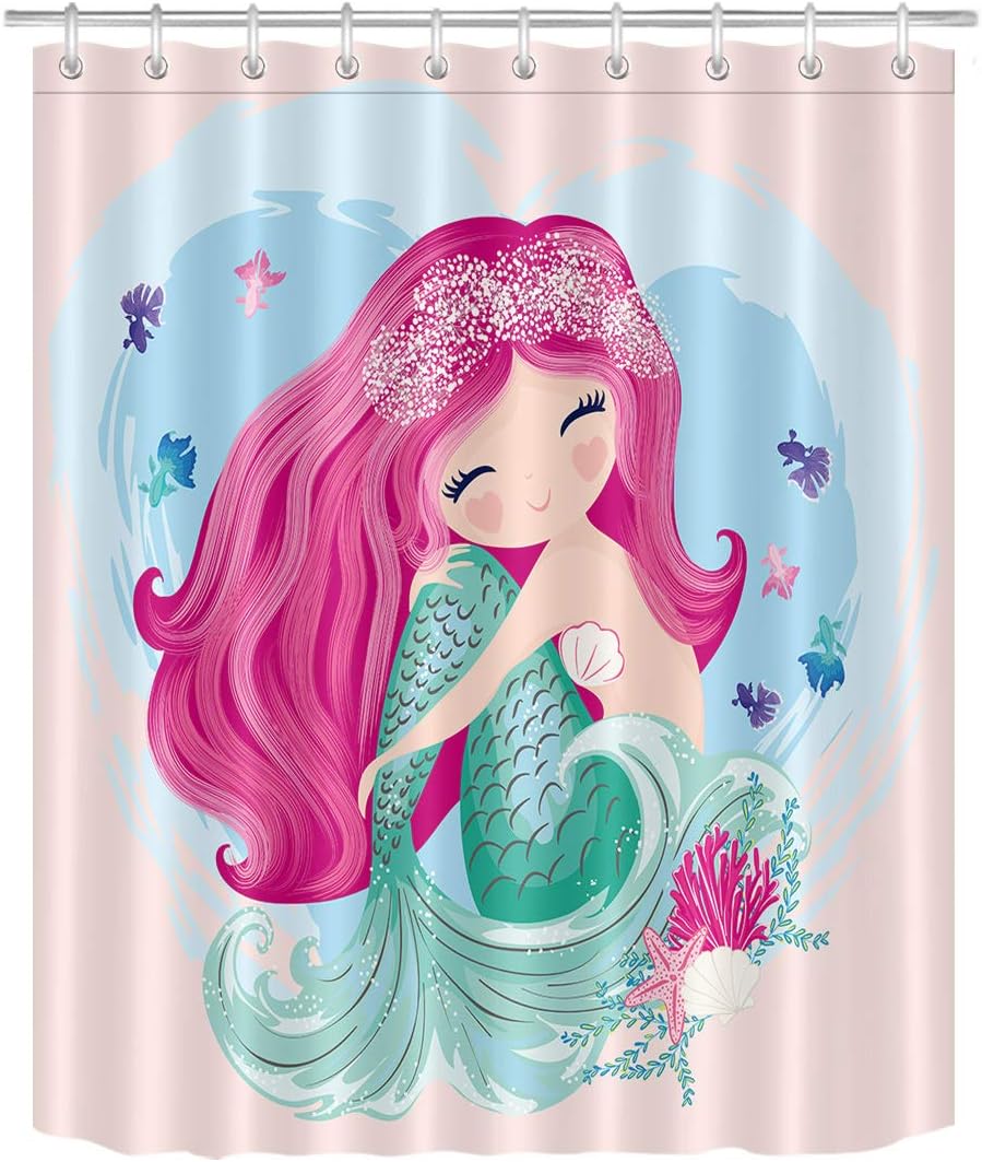 LB Little Cute Mermaid Shower Curtain Set Cartoon Girls Bathroom Curtain with Hooks