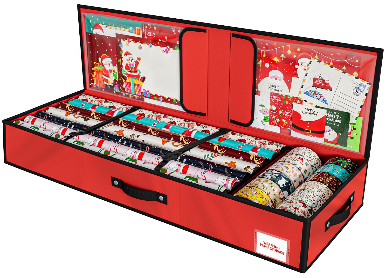 KYEVIS Christmas Wrapping Paper Storage Bag with Multiple Pockets, Gift Wrap Storage Bag Fits 24 Rolls, Christmas Decoration Organiser Box for Bows, Tags, Scissor & Ribbons(Red)