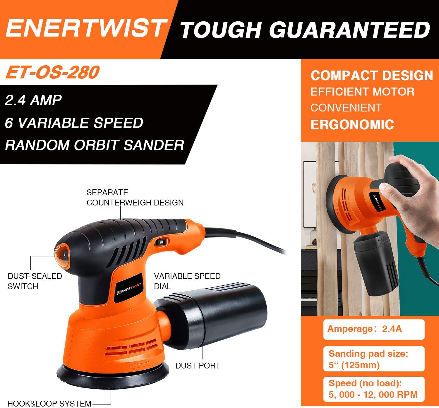 EnerTwist Random Orbit Sander - 5 Inch Variable Speed 2.4A Electric Orbital Sander/Polisher Kit with Dust Collector, ET-OS-280 - - 