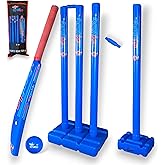 Bratla Plastic Cricket Set - Blue Color | Backyard and Beach Set for Adults and Kids | Includes Bat, Wind Ball, Stumps, and Non-Striker Stump with Plastic Base (Size 4)
