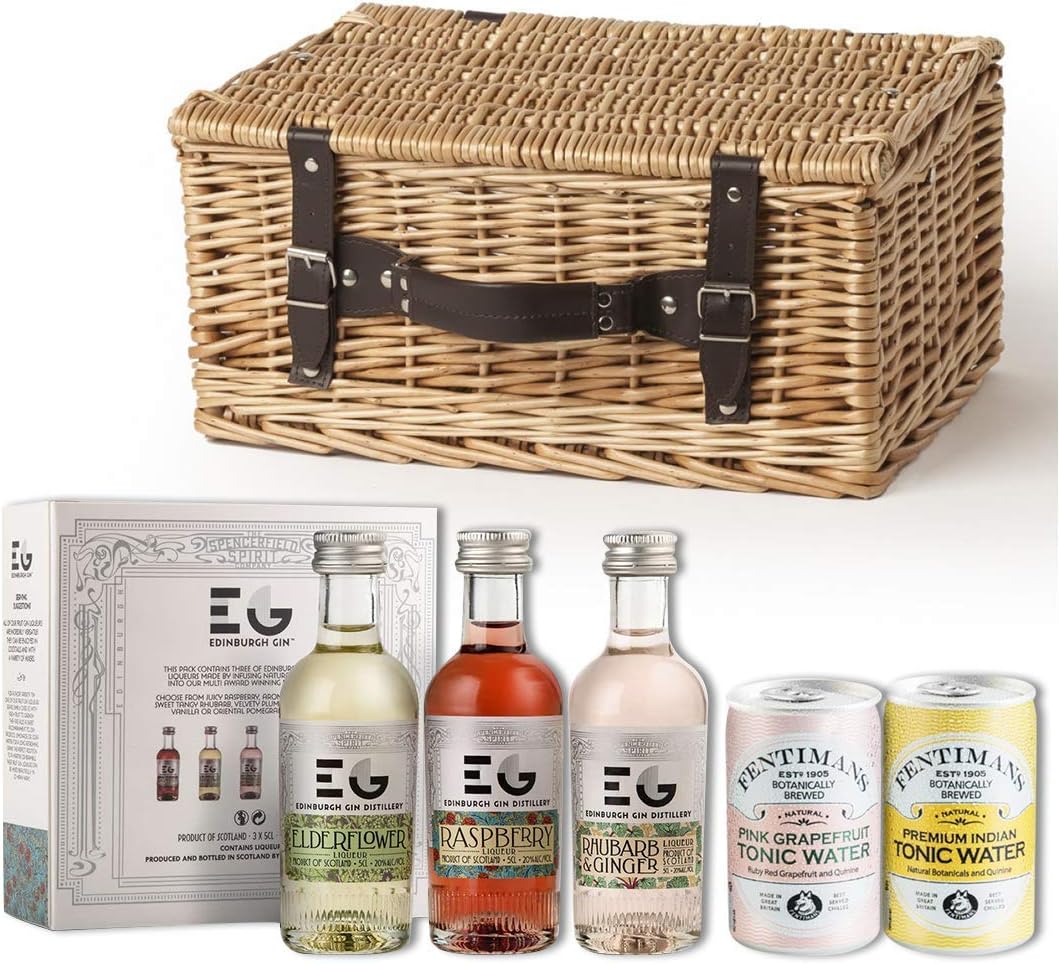 Edinburgh Gin Miniature Gift Set Wicker Hamper With Fentimans Tonics