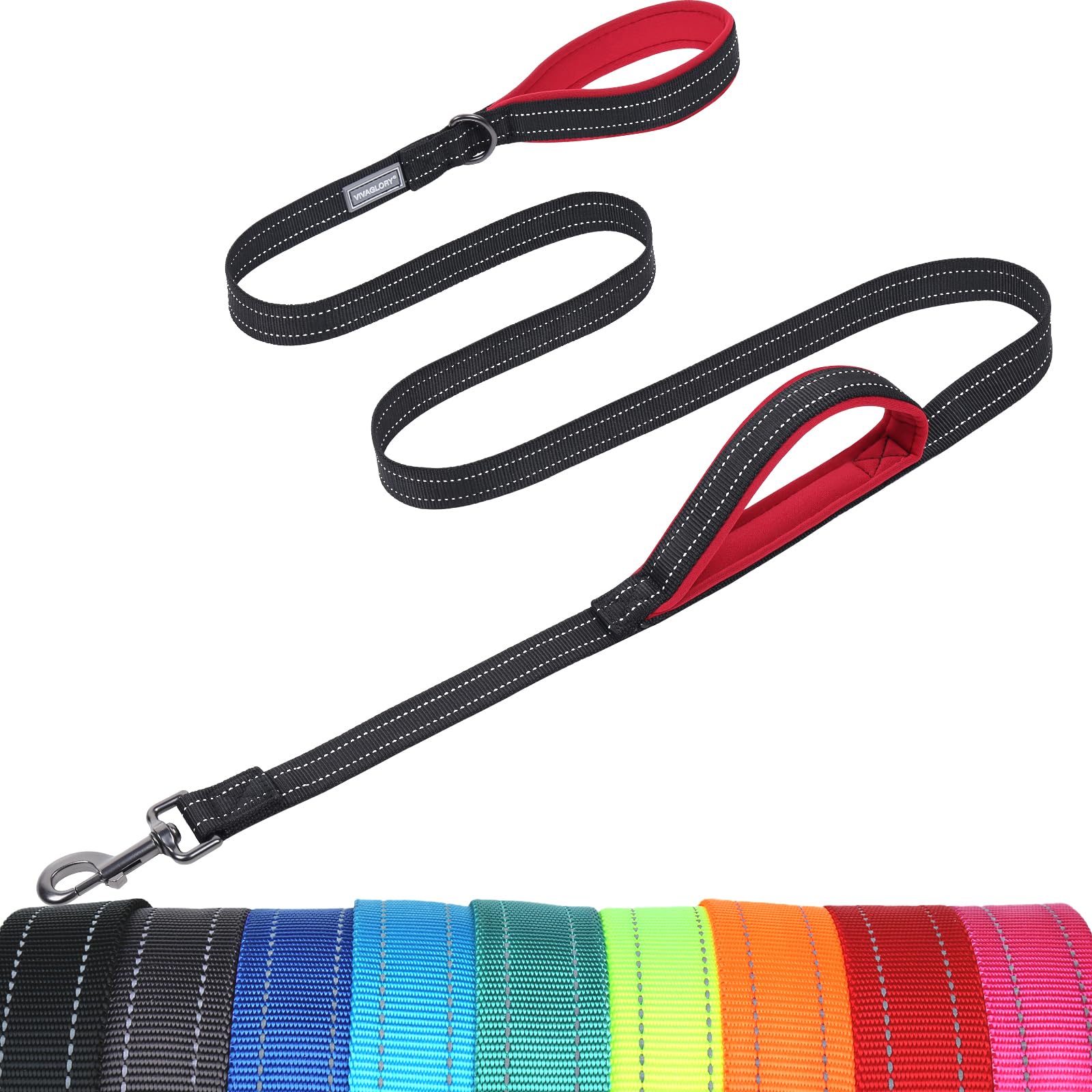 VIVAGLORY Dog Lead Twingrip Double Handle Dog Lead, Leash with Traffic Handle & 2 Loop for Walking & Training, Traffic Control Reflective Heavy Duty for Puppy Pet, 1.5m x 2.5cm, Black