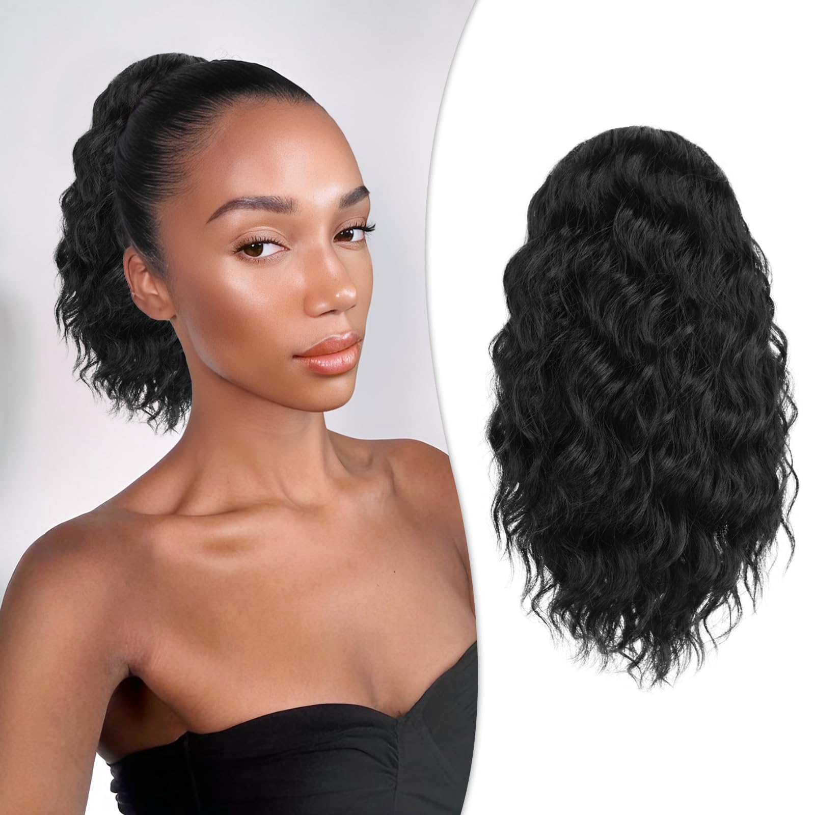 RUWISS Curly Drawstring Ponytail Extension for Black Women,12 inch Natural Black Afro Kinky Ponytail Synthetic Hairpiece for Daily Party Use — image 1