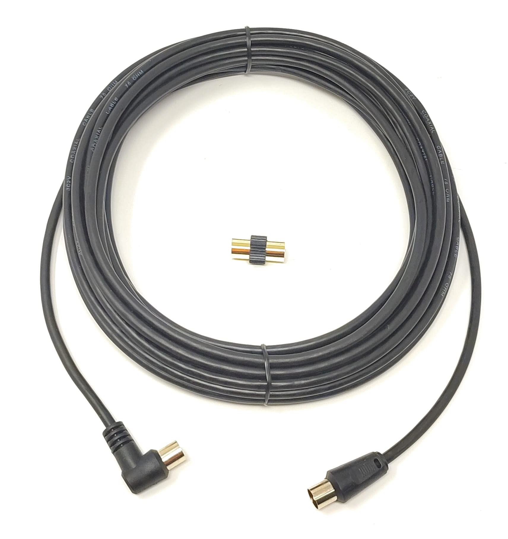 Maincore 10m long Right Angle TV/AV Aerial Antenna Coaxial Cable Lead (Male to Male) with Coupler (10m, Black)