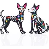 Wesiti 2 Pcs Sugar Skull Dog Figurines Day of the Dead Wooden Decorations | Dog Statues Dia De Los Muertos Wooden Table Decor Mexican Party Decorations Tabletop Animal Figurines for Home Display