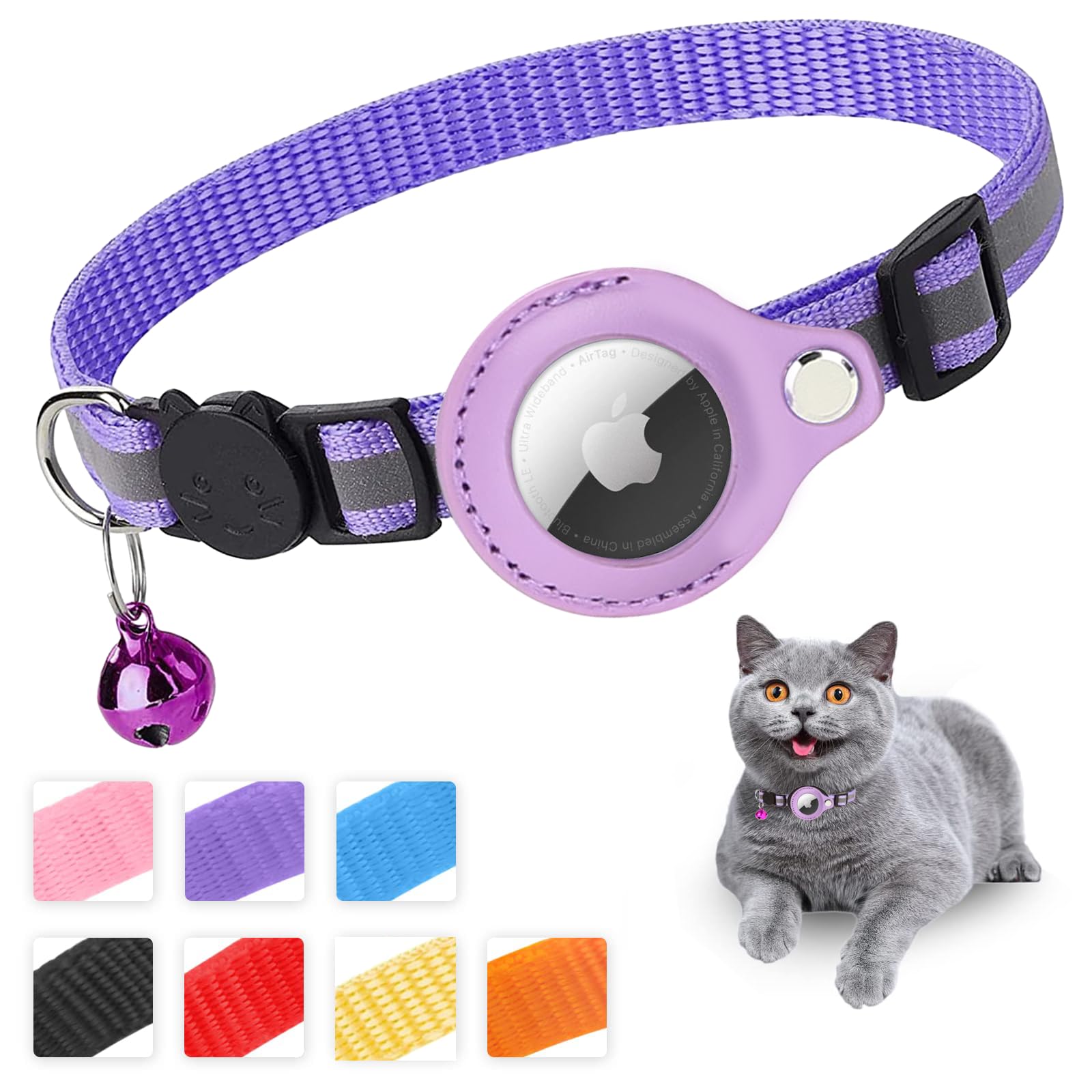 Mouyou Airtag Cat Collar, Airtag Collar Cat Soft Nylon Reflective with Bell and Safety Clasp, Tracking Cat Collar with Holder, Airtag Case, Adjustable from 22-36 cm, Purple