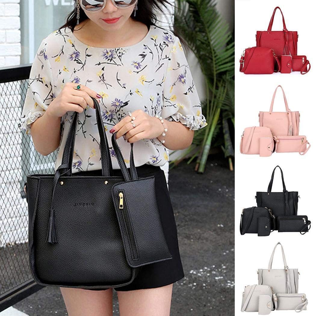 Oguine Women Shoulder Bags Set, 4 Pcs/Set Women Fashion Leather Zipper Handbag Solid Shoulder Messenger Bag Purse (4 Colors)