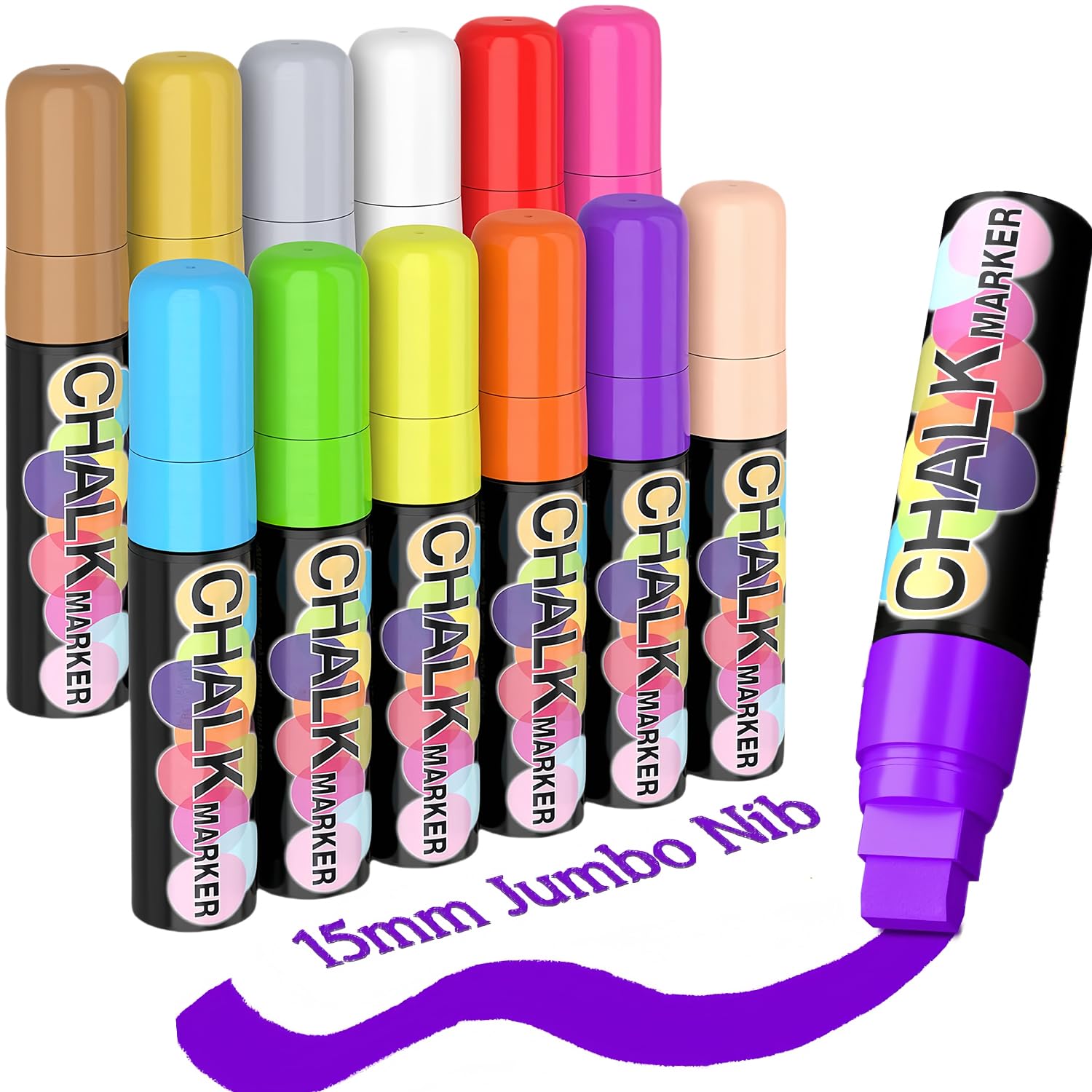 Photo 1 of KERIFI Window Markers for Car, 15mm Jumbo Liquid Chalk Markers, Washable & Wet Erase Chalk Pens for Blackboard, Chalkboard, Signs, Glass, Window, Graduation Celebration School (12 Neon Colors)