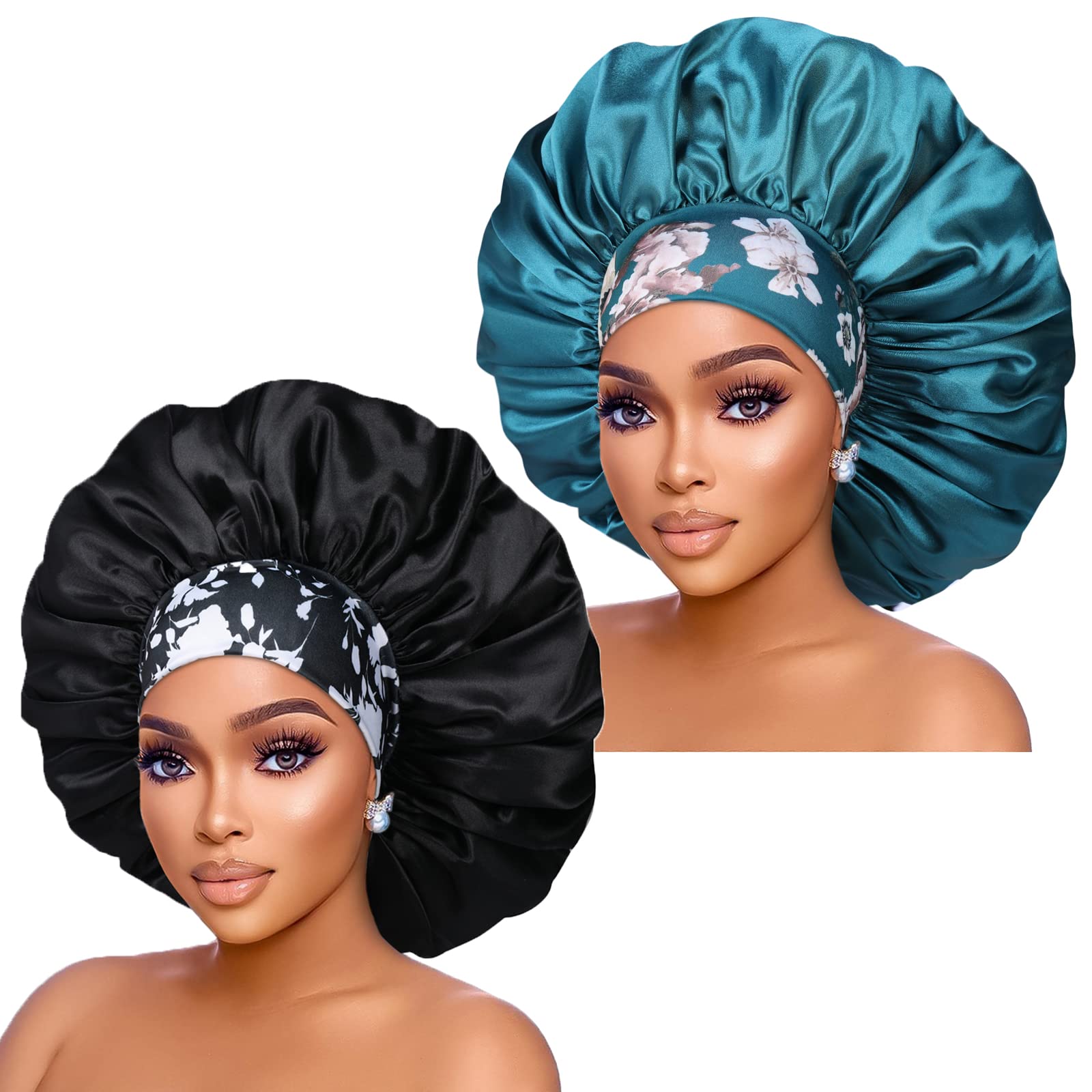 Isshin Beauty Women's Extra Large Silk Satin Bonnets: 2pcs 17inch Diameter Jumbo Sleeping Caps with Comfortable Flower Band - High Density Satin Bonnets for Women Braids Curly Night Cap (Black & Teal)
