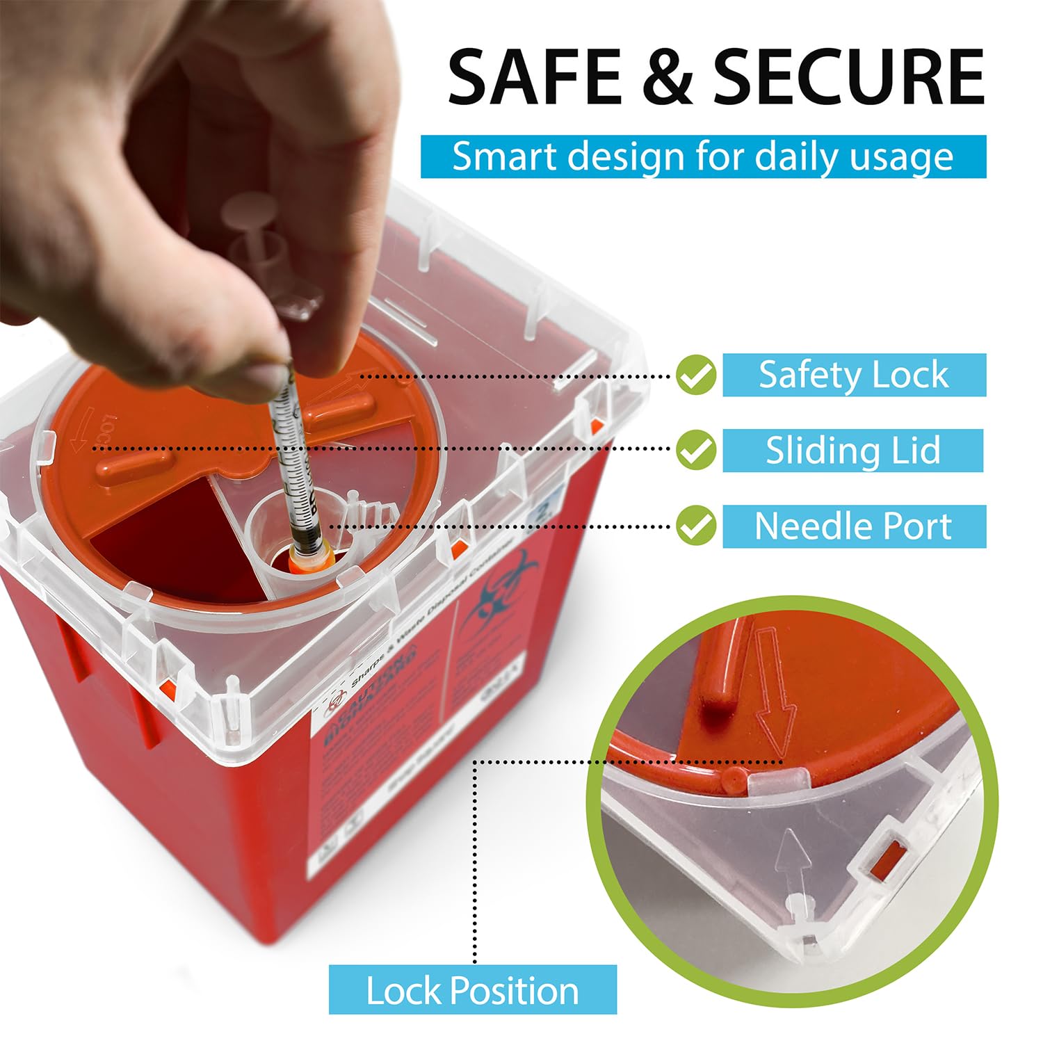 Sharps Containers for Home and Professional Use, 2 Quart Needle Disposal (3-Pack), Syringe Disposal for Home, Biohazard Containers