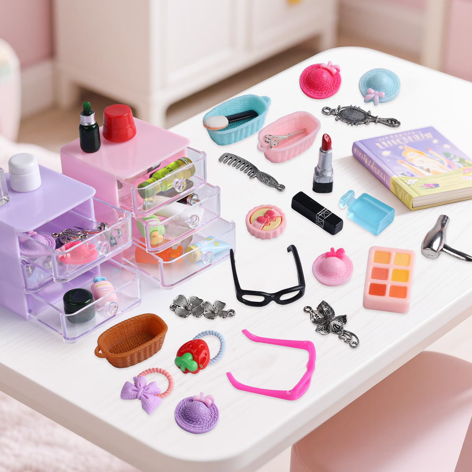 76pcs Miniature Dollhouse Accessories,Dollhouse Bathroom Set with Makeup Set Towel Toothbrush Shampoo Toiletries Set,Miniature Stuff Jewelry Storage Case Perfume Shoes Backpack for Girl Micro Scene