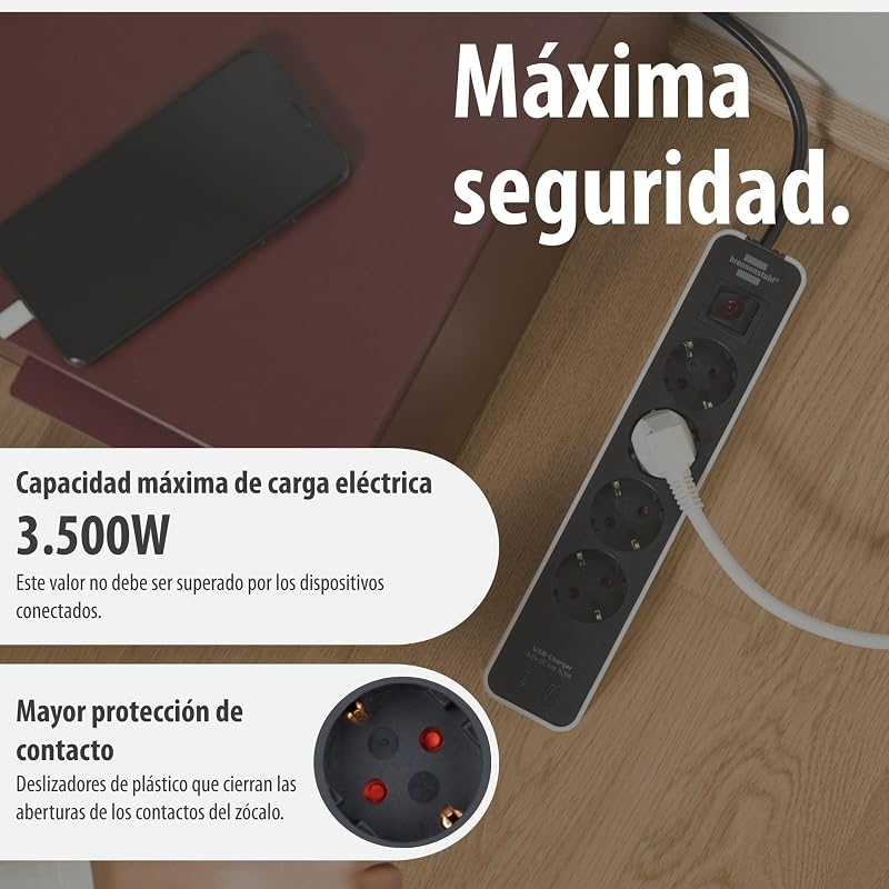 Ecolor Regleta de enchufes de 4 vías con Enchufe USB (Regleta con 2X USB C, Interruptor y Cable de 1,5m) Blanco/Negro