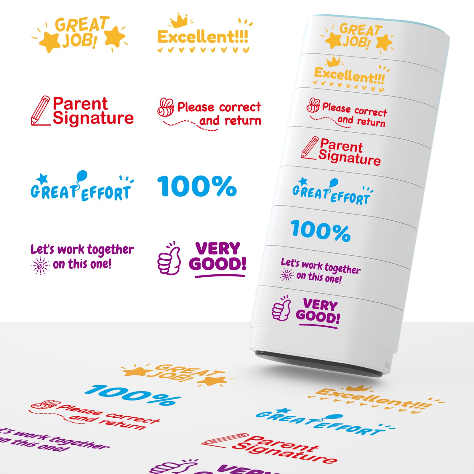 Photo 1 of 8-in-1 Teacher Stamps for Grading, Classroom & Homework - Self-Inking Set, Must-Have for Teachers (Colorful)